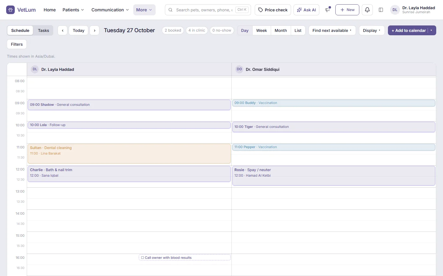 Calendar day view with a column for each veterinarian.