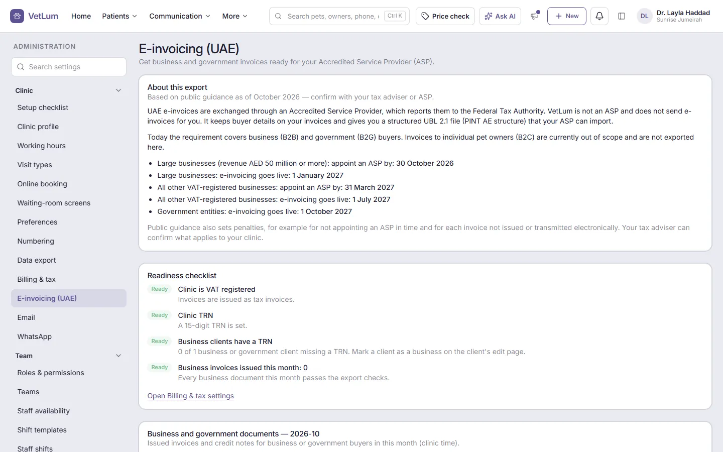 The E-invoicing (UAE) settings page with a readiness checklist.