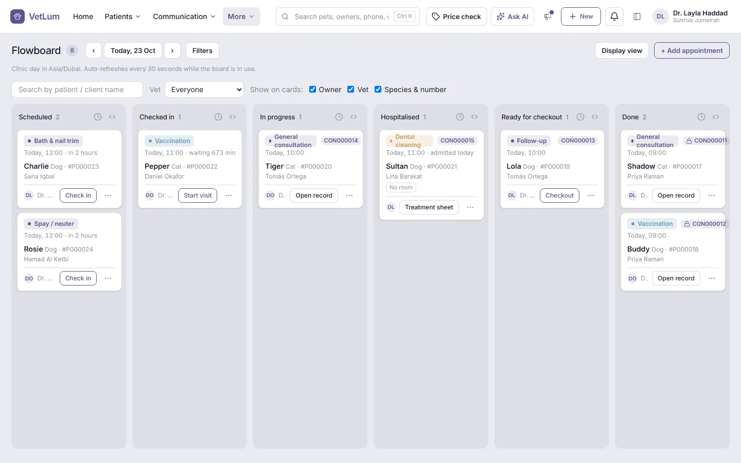 Flowboard with today's patients in columns from Scheduled to Done.