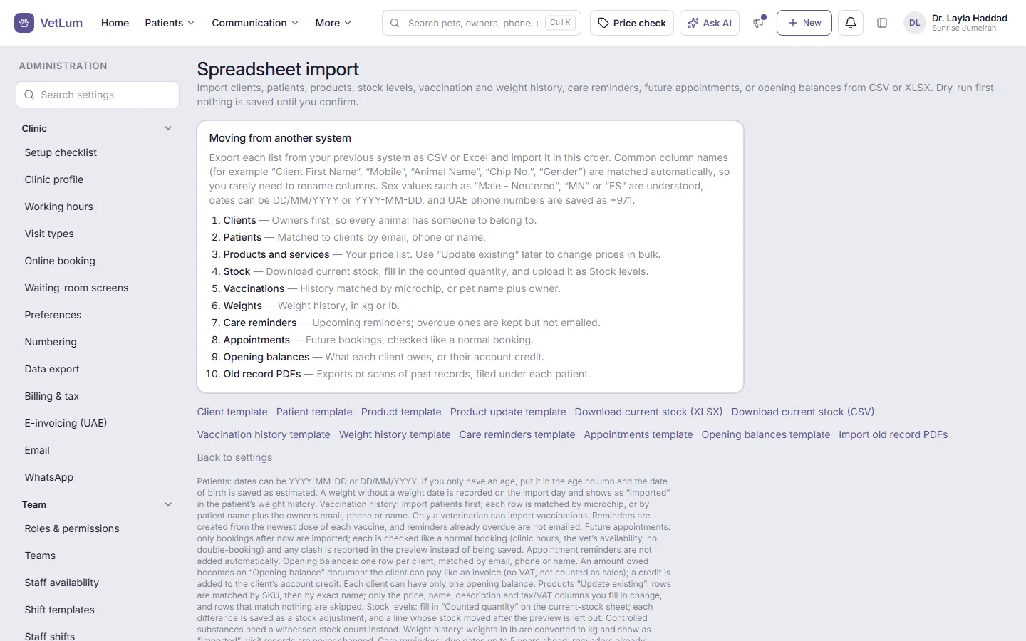The spreadsheet import page in VetLum with the recommended order and templates.