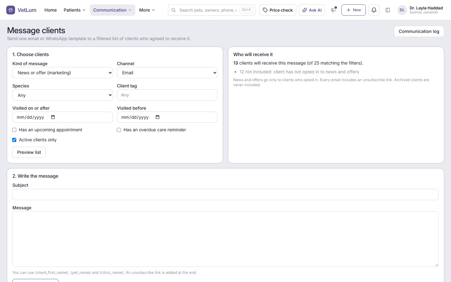 The Message clients page with filters and the number of clients who will receive it.