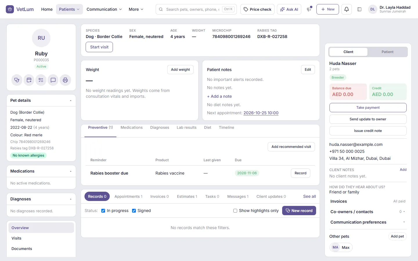 A patient page with pet details, preventive care due, and the owner's account.