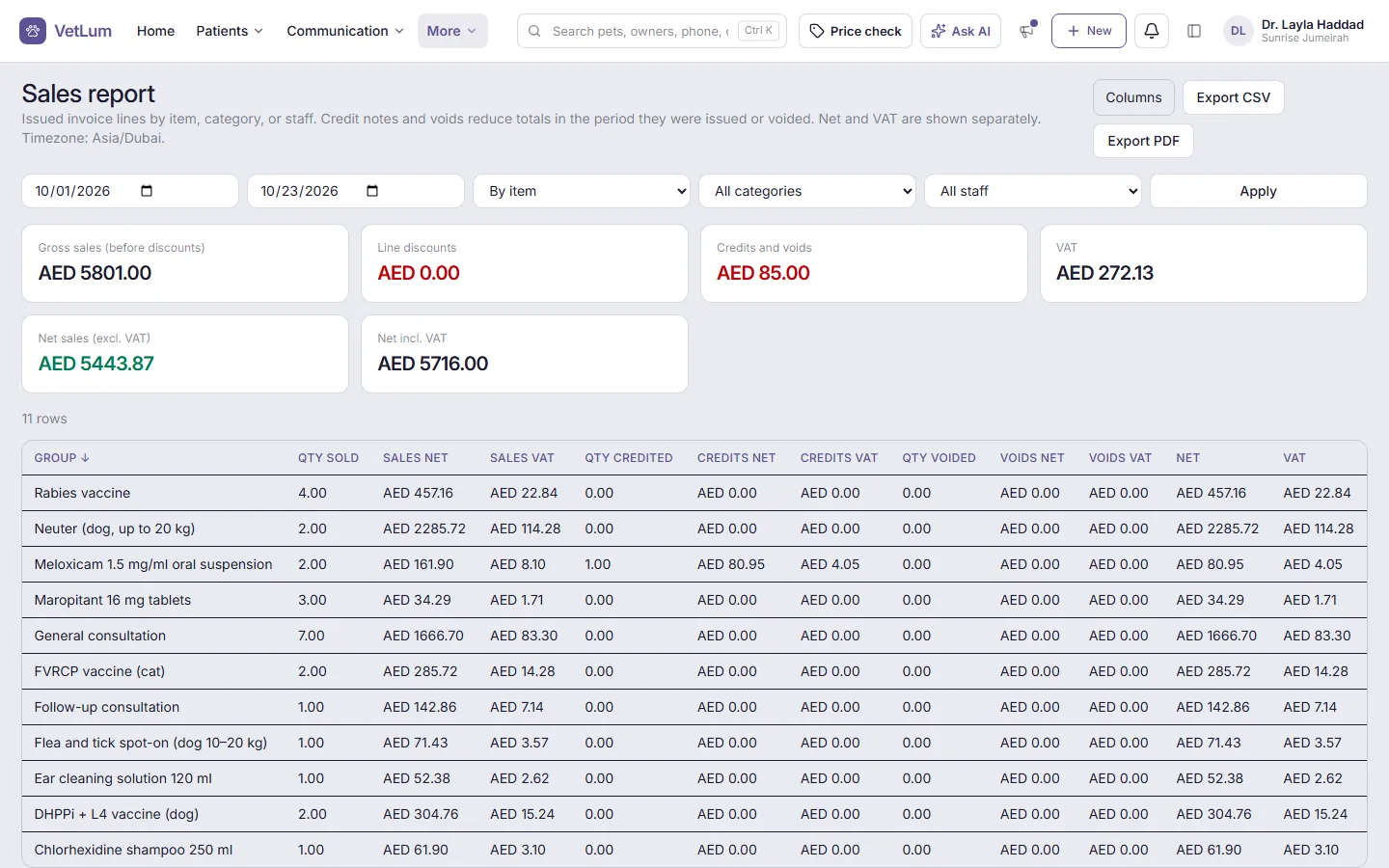 The Sales report with totals for sales, credits and VAT.