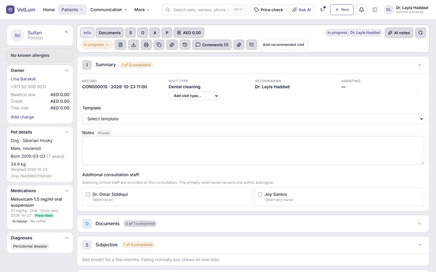 A visit record with the patient summary and SOAP sections.